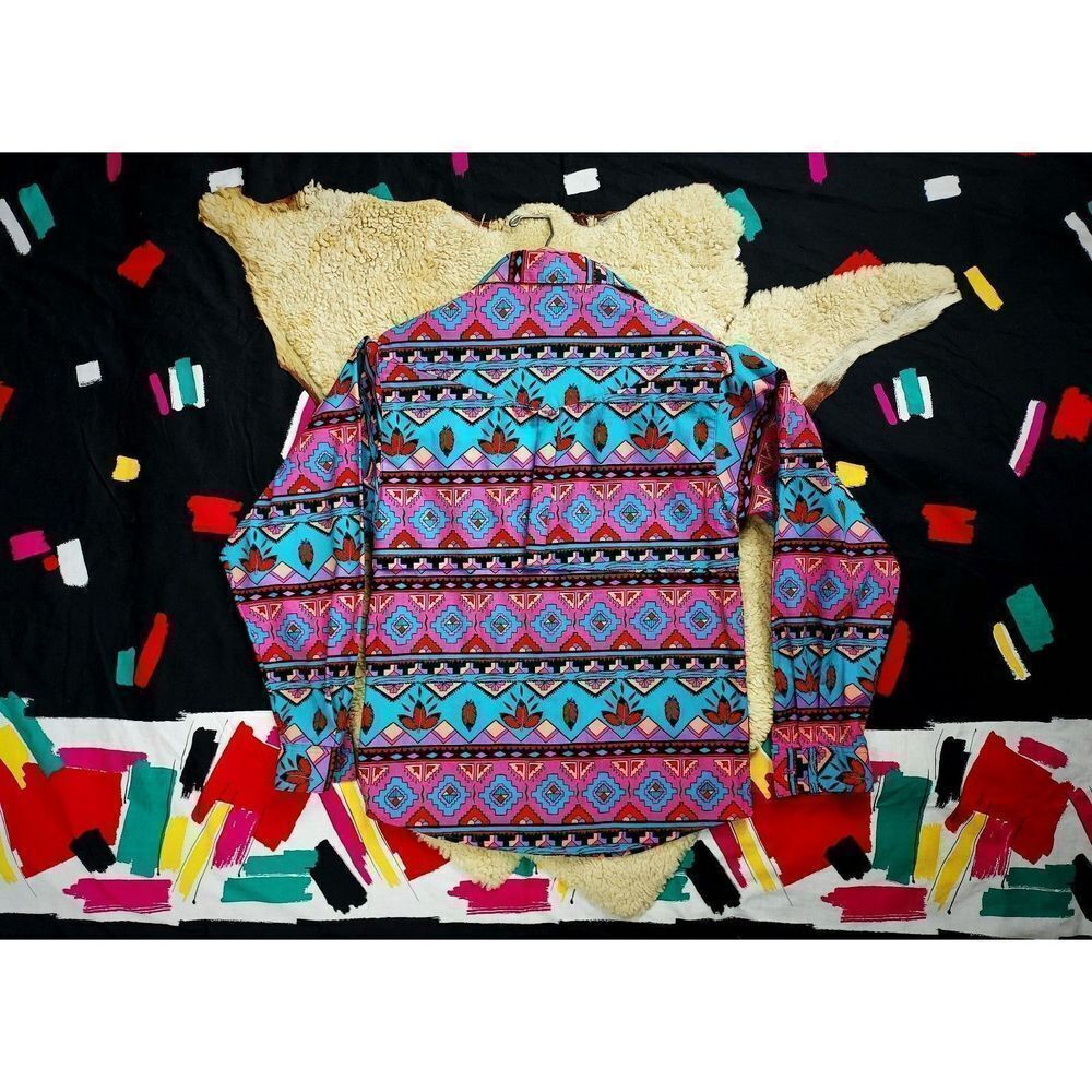 Vtg 1980s 90s NAVAJO Turquoise Pink ALL-OVER Print BRUSHPOPPER Rodeo Shirt Sz S - Picture 3 of 8